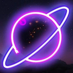 FUNPENY Planet Neon Signs LED Night Lights USB Charging/Battery Operated Neon Wall Lights Ramadan Decorative Lights For Wedding, Birthday Party (Battery Not Included) (Pink Planet- Blue Ring)