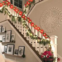 FUNPENY Christmas Poinsettia Garland, 7 FT 10 LED Velvet Artificial Flower Xmas String Lights With Red Berries And Holly Leaves, Christmas Decorations Indoor Outdoor Mantle Holiday (1 Pack) -Funpeny Shop 51vt8u7KHL