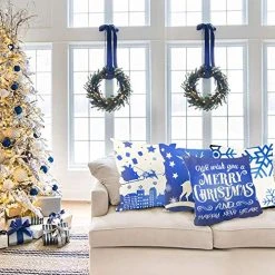 FUNPENY Christmas Pillow Covers, Set Of 4 Blue Christmas Pillow Covers 18 X 18 Inch Snow, Santa Claus, Deer, Christmas Tree Covers For Christmas -Funpeny Shop 51vvyplEwiL