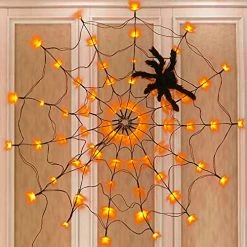 FUNPENY Halloween 80 LED Orange Spider Web Lights With Spider, 8 Modes Light Up Cobweb Halloween Decorations For Indoor Ourdoor Garden Yard Home Patio (Orange) -Funpeny Shop 51whnAheFwL