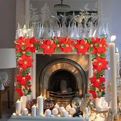 FUNPENY Christmas Poinsettia Garland, 7 FT 10 LED Velvet Artificial Flower Xmas String Lights With Red Berries And Holly Leaves, Christmas Decorations Indoor Outdoor Mantle Holiday (1 Pack) -Funpeny Shop 51yBVsyG9BL