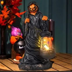 Funpeny Halloween Resin Grim Reaper Statue, Spooky Pumpkin Face Figurine Table Ornaments Decorations With Solar Lights For Indoor Home Room Desk Décor -Funpeny Shop 51yO pG7h0L