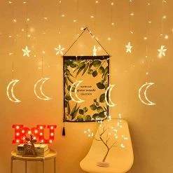 FUNPENY Star Moon Curtain String Lights, 138 LED Window Lights With Remote Control, Warm White Fairy Lights With 8 Modes For Indoor, Wedding, Party, Bedroom, Patio Lawn, Ramadan Decorations -Funpeny Shop 51z8V1Tv4pL