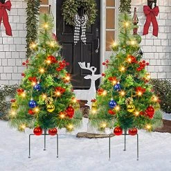 FUNPENY Set Of 2 30 Inch Pathway Christmas Tree Decorations Outdoor, Battery Operated Pre-Lit Small Christmas Tree With 50 LED Lights For Home Yard Porch Garden Party Decor Clearance