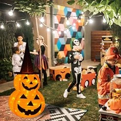 FUNPENY 3FT Halloween Collapsible Pumpkin Decorations, Light Up 50 LED Pumpkin With Hat 8 Lighted Mode, Pop Up Jack-o-Lantern With Metal Stand For Indoor Outdoor Yard Holiday Decor (Purple Hat) -Funpeny Shop 610YHcKD9L