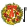 FUNPENY Pre-lit Artificial Christmas Wreath, 40 LED 16 Inch Spruce Berries Pine Cone Garland With Red Bows Artificial Holly Leaves Xmas Wreath With Hanger For Home Party Indoor And Outdoor Use