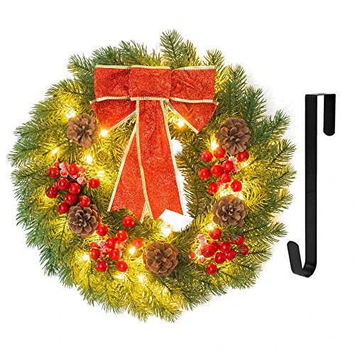 FUNPENY Pre-lit Artificial Christmas Wreath, 40 LED 16 Inch Spruce Berries Pine Cone Garland With Red Bows Artificial Holly Leaves Xmas Wreath With Hanger For Home Party Indoor And Outdoor Use 1 FUNPENY Pre-lit Artificial Christmas Wreath, 40 LED 16 Inch Spruce Berries Pine Cone Garland With Red Bows Artificial Holly Leaves Xmas Wreath With Hanger For Home Party Indoor And Outdoor Use