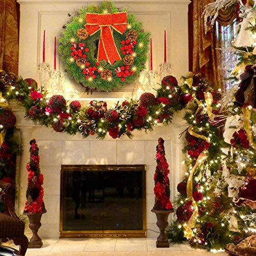 FUNPENY Pre-lit Artificial Christmas Wreath, 40 LED 16 Inch Spruce Berries Pine Cone Garland With Red Bows Artificial Holly Leaves Xmas Wreath With Hanger For Home Party Indoor And Outdoor Use 6 FUNPENY Pre-lit Artificial Christmas Wreath, 40 LED 16 Inch Spruce Berries Pine Cone Garland With Red Bows Artificial Holly Leaves Xmas Wreath With Hanger For Home Party Indoor And Outdoor Use - Image 6