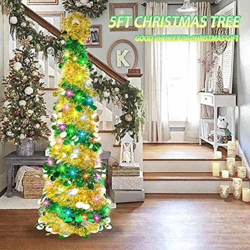 FUNPENY 5 FT Pop Up Christmas Tree With 50 LED Multi-Colored Lights, Artificial Tinsel Xmas Tree, Battery Operated Pencil Tree Christmas Decoraitons Indoor Outdoor For Holiday Home Party Decorations 7 FUNPENY 5 FT Pop Up Christmas Tree With 50 LED Multi-Colored Lights, Artificial Tinsel Xmas Tree, Battery Operated Pencil Tree Christmas Decoraitons Indoor Outdoor For Holiday Home Party Decorations - Image 7