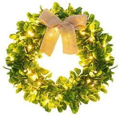 FUNPENY Artificial 16 Inch Spring Summer Wreaths For Front Door, Pre-lit 40 LED Evergreen Leaves Wreath With Lights Decorations Clearance