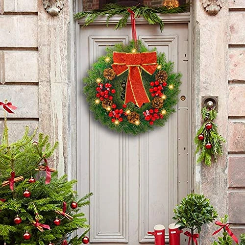 FUNPENY Pre-lit Artificial Christmas Wreath, 40 LED 16 Inch Spruce Berries Pine Cone Garland With Red Bows Artificial Holly Leaves Xmas Wreath With Hanger For Home Party Indoor And Outdoor Use 2 FUNPENY Pre-lit Artificial Christmas Wreath, 40 LED 16 Inch Spruce Berries Pine Cone Garland With Red Bows Artificial Holly Leaves Xmas Wreath With Hanger For Home Party Indoor And Outdoor Use - Image 2