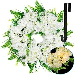 FUNPENY 16 Inch 40LED Pre-lit White Hydrangea Wreath With Lights, Artificial Spring Summer Wreath Decorations For Front Door, Windows, Bedroom, Living Room Kitchen, Fireplace Decor