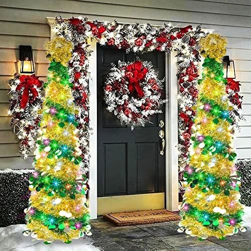 FUNPENY 5 FT Pop Up Christmas Tree With 50 LED Multi-Colored Lights, Artificial Tinsel Xmas Tree, Battery Operated Pencil Tree Christmas Decoraitons Indoor Outdoor For Holiday Home Party Decorations 5 FUNPENY 5 FT Pop Up Christmas Tree With 50 LED Multi-Colored Lights, Artificial Tinsel Xmas Tree, Battery Operated Pencil Tree Christmas Decoraitons Indoor Outdoor For Holiday Home Party Decorations - Image 5