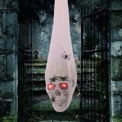 FUNPENY Halloween Decorations Hanging Skull Head With Spider Webs, Light Up Halloween Decor For Outdoor Outside Garden Yard Party Supplies