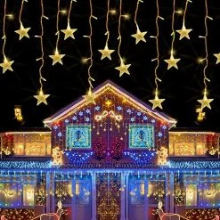 FUNPENY Icicle Lights With Star, Outdoor Dripping Christmas Light With Star, 360 LED 8 Modes Clear Wire Curtain Lights 60 Drops, Indoor Xmas Holiday Wedding Party Decoration, Warm White -Funpeny Shop 61MDKCe086L. AC 5