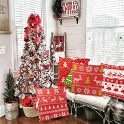 FUNPENY Christmas Pillow Covers, Set Of 4 Red Weave Christmas Pillow Covers 18 X 18 Inch Santa Claus, Deer, Christmas Tree Covers For Christmas -Funpeny Shop 61NIuUMTplL