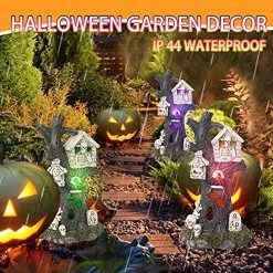 FUNPENY Solar Halloween Decorations Outdoor, Village Resin Tree Statue, Spooky Figurine Table Ornaments With RGB Color Changing Lights, Waterproof Sculpture For Indoor Home Garden Yard Desk Decor -Funpeny Shop 61T6QswMi9L