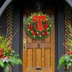 FUNPENY Pre-lit Artificial Christmas Wreath, 40 LED 16 Inch Spruce Berries Pine Cone Garland With Red Bows Artificial Holly Leaves Xmas Wreath With Hanger For Home Party Indoor And Outdoor Use 10 FUNPENY Pre-lit Artificial Christmas Wreath, 40 LED 16 Inch Spruce Berries Pine Cone Garland With Red Bows Artificial Holly Leaves Xmas Wreath With Hanger For Home Party Indoor And Outdoor Use -Funpeny Shop 61WuZdwsfHL