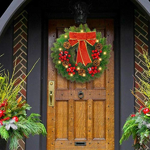 FUNPENY Pre-lit Artificial Christmas Wreath, 40 LED 16 Inch Spruce Berries Pine Cone Garland With Red Bows Artificial Holly Leaves Xmas Wreath With Hanger For Home Party Indoor And Outdoor Use 5 FUNPENY Pre-lit Artificial Christmas Wreath, 40 LED 16 Inch Spruce Berries Pine Cone Garland With Red Bows Artificial Holly Leaves Xmas Wreath With Hanger For Home Party Indoor And Outdoor Use - Image 5