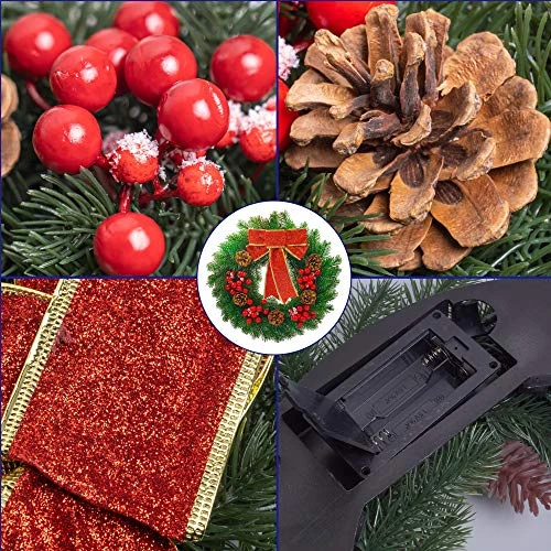 FUNPENY Pre-lit Artificial Christmas Wreath, 40 LED 16 Inch Spruce Berries Pine Cone Garland With Red Bows Artificial Holly Leaves Xmas Wreath With Hanger For Home Party Indoor And Outdoor Use 4 FUNPENY Pre-lit Artificial Christmas Wreath, 40 LED 16 Inch Spruce Berries Pine Cone Garland With Red Bows Artificial Holly Leaves Xmas Wreath With Hanger For Home Party Indoor And Outdoor Use - Image 4