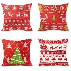 FUNPENY Christmas Pillow Covers, Set Of 4 Red Weave Christmas Pillow Covers 18 X 18 Inch Santa Claus, Deer, Christmas Tree Covers For Christmas