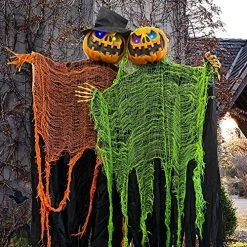 FUNPENY 2 Pack 5.2' Hanging Ghost Pumpkin With Bendable Arms, Halloween Skeleton Pumpkin Decorations With Color Changing Lighted Eyes For Halloween Party Lawn Outdoor Indoor Decor