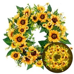 FUNPENY 18 Inch 40LED Pre-lit Sunflower Wreath With Lights, Artificial Spring Summer Wreath Decorations For Front Door, Windows, Bedroom, Living Room Kitchen, Fireplace Decor