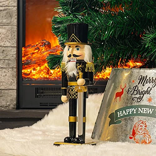 FUNPENY 14" Christmas Decorative Nutcracker Figures, Wooden Black Soldier In Black Uniform Hold Sword, Festive Collectible Nutcracker Gift For Indoor Winter Table Desktop Fireplace Decorations 7 FUNPENY 14" Christmas Decorative Nutcracker Figures, Wooden Black Soldier In Black Uniform Hold Sword, Festive Collectible Nutcracker Gift For Indoor Winter Table Desktop Fireplace Decorations - Image 7