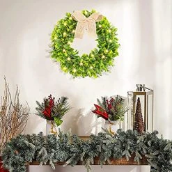 FUNPENY Artificial 16 Inch Spring Summer Wreaths For Front Door, Pre-lit 40 LED Evergreen Leaves Wreath With Lights Decorations Clearance -Funpeny Shop 61mEFg0JNL
