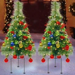 FUNPENY Set Of 2 30 Inch Pathway Christmas Tree Decorations Outdoor, Battery Operated Pre-Lit Small Christmas Tree With 50 LED Lights For Home Yard Porch Garden Party Decor Clearance -Funpeny Shop 61meKTinFEL