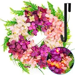 FUNPENY 16 Inch 40LED Pre-lit Pink Hydrangea Wreath With Lights, Artificial Spring Summer Wreath Decorations For Front Door, Windows, Bedroom, Living Room Kitchen, Fireplace Decor