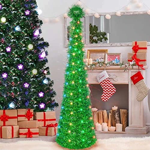 FUNPENY 5 FT Pop Up St. Patrick's Day Tree, 50 LED Multi-Colored Lighted Artificial Tinsel Tree, Battery Operated Pencil Tree Christmas Decoraitons Indoor Outdoor For Holiday Home Party Decor, Green 4 FUNPENY 5 FT Pop Up St. Patrick's Day Tree, 50 LED Multi-Colored Lighted Artificial Tinsel Tree, Battery Operated Pencil Tree Christmas Decoraitons Indoor Outdoor For Holiday Home Party Decor, Green - Image 4