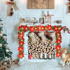 FUNPENY Christmas Poinsettia Garland, 7 FT 10 LED Velvet Artificial Flower Xmas String Lights With Red Berries And Holly Leaves, Christmas Decorations Indoor Outdoor Mantle Holiday (1 Pack) -Funpeny Shop 61s2lyqtajL