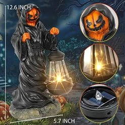 Funpeny Halloween Resin Grim Reaper Statue, Spooky Pumpkin Face Figurine Table Ornaments Decorations With Solar Lights For Indoor Home Room Desk Décor -Funpeny Shop 61sdjvitcoL