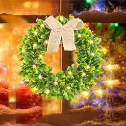 FUNPENY Artificial 16 Inch Spring Summer Wreaths For Front Door, Pre-lit 40 LED Evergreen Leaves Wreath With Lights Decorations Clearance -Funpeny Shop 61tw 6JKuBL