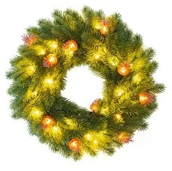 FUNPENY Pre-lit Artifical Pin Cones Christmas Wreath, 40 LED 16 Inch Pine Cones Christmas Wreath With Hanger Artificial Holly Leaves Xmas Wreath For Home Party Indoor And Outdoor Use